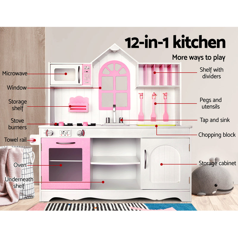 Danoz Kids - Keezi Kids Kitchen Play Set Wooden Pretend Toys Cooking Children Storage Cabinet