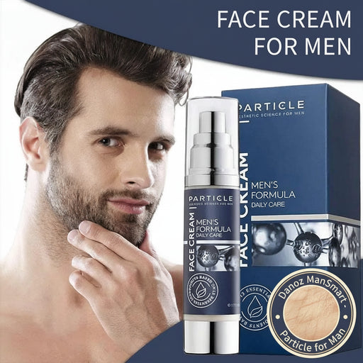 Particle men's face cream with packaging and a man applying cream.