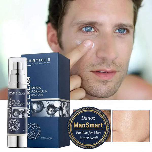 Particle for men face cream with packaging and a man applying it to his face.