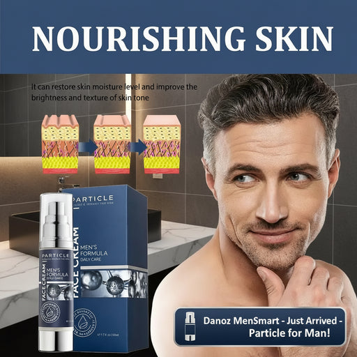 Advertisement for a men's face cream with a man and product packaging on a gray background.