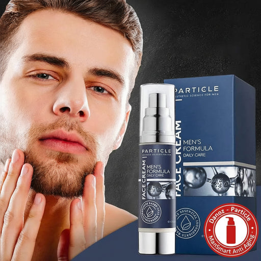 Man touching his beard with Particle skincare product and packaging in the background