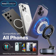 Phone cases and metal ring compatible with various devices on a blue gradient background