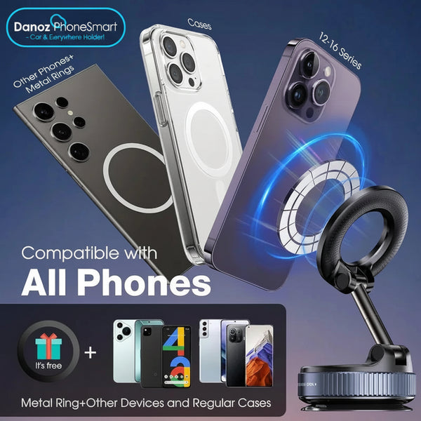 Phone cases and metal ring compatible with various devices on a blue gradient background