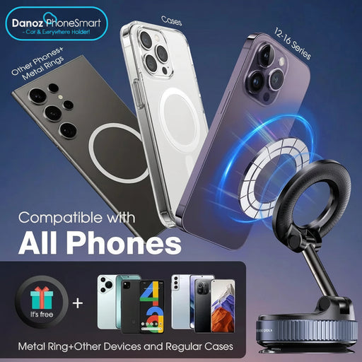 Phone cases and metal ring compatible with various devices on a blue gradient background