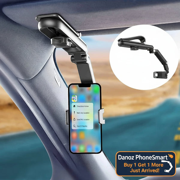 Car phone holder mounted on a car's sun visor with a close-up inset showing the arm mechanism.