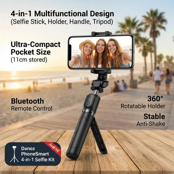 Multifunctional phone holder with selfie stick, holder, handle, and tripod on a wooden surface with palm trees in the background.