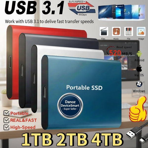 Portable SSD with USB 3.1 connection, showing read speed and compatibility with various operating systems.