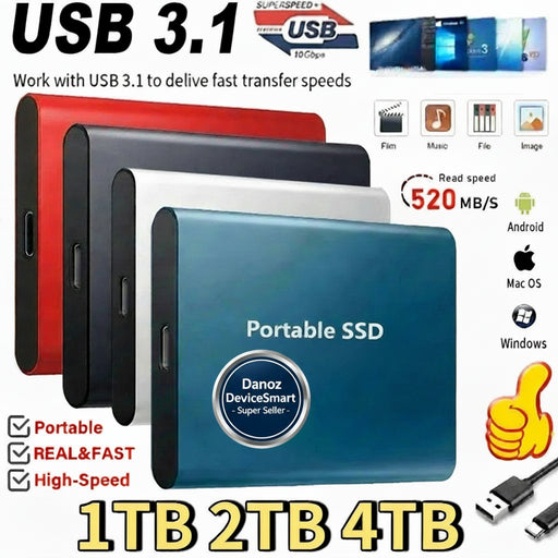 Portable SSD with USB 3.1 connection, showing read speed and compatibility with various operating systems.