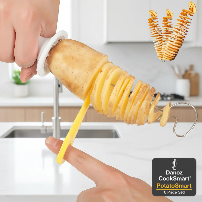 Hand using a spiralizer to create potato chips with an inset showing the finished product.