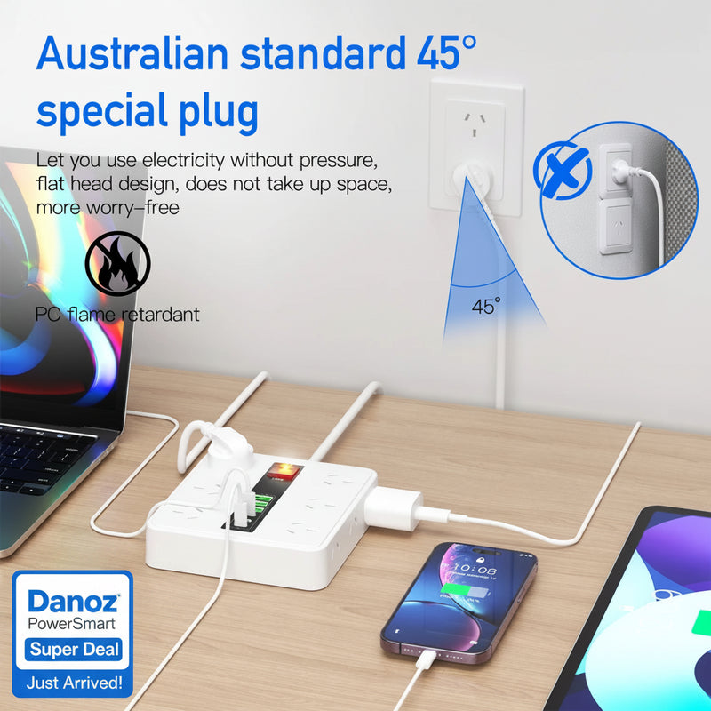 White power strip with multiple outlets on a wooden desk, featuring Australian standard 45-degree plug design.