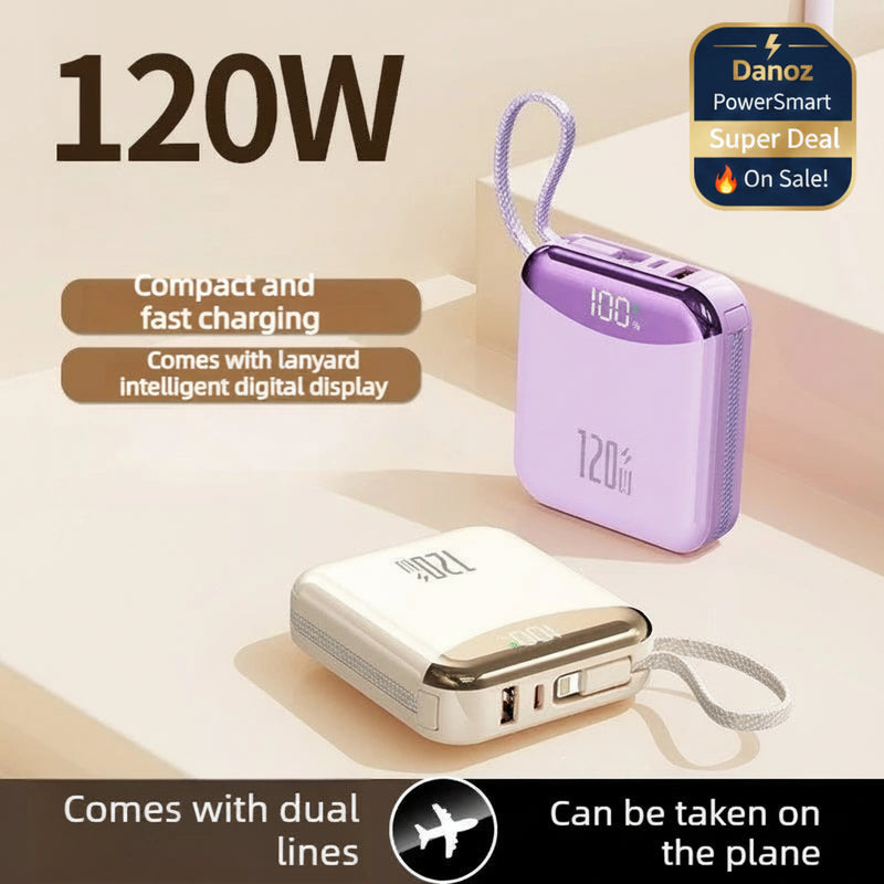 Two power banks, one purple and one white, with charging features highlighted on a beige background.