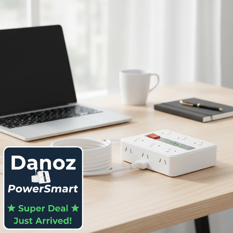 White power strip with multiple outlets and a digital display on a white background