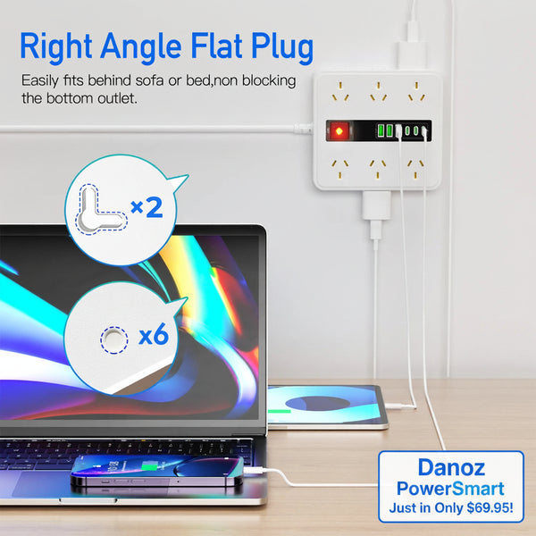 Laptop with multiple devices plugged into a power strip on a wooden surface.