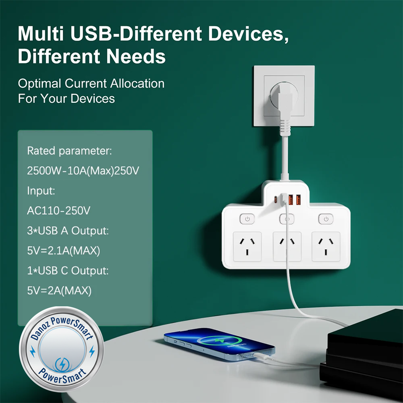 Danoz PowerSmart - Power Strip AU Multitap Wall Mounted Independent Switch Power Socket With USB C Charging Ports Network Filter Adapter - Buy 1 Get 1 Free!