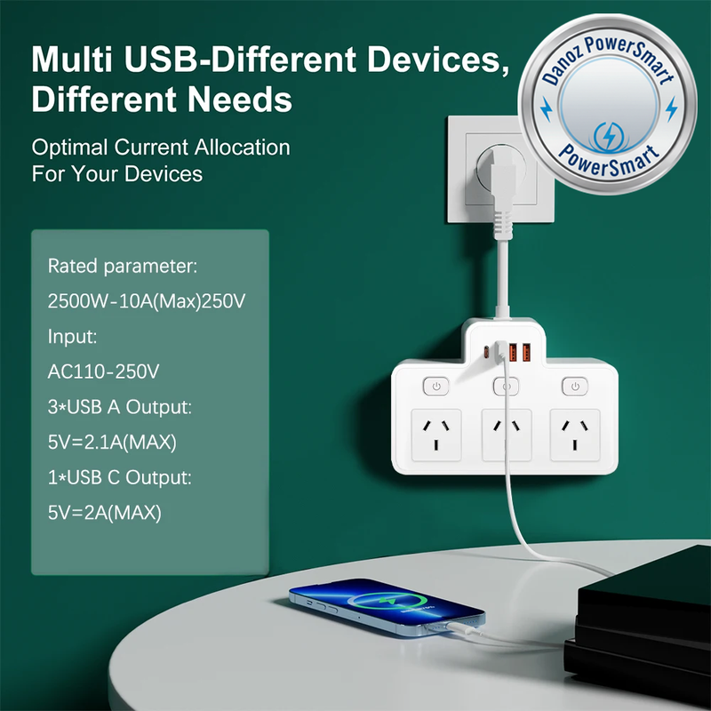 Danoz PowerSmart - Power Strip AU Multitap Wall Mounted Independent Switch Power Socket With USB C Charging Ports Network Filter Adapter - Buy 1 Get 1 Free!
