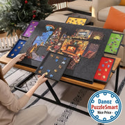 Person working on a puzzle with colorful pieces on a table in a cozy living room.