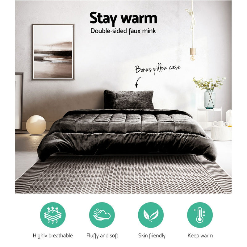 Danoz SleepSmart - Giselle Bedding Faux Mink Quilt Charcoal - Single size + 2 Free Pillow cases!
