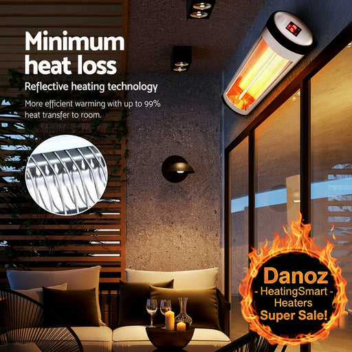 Heating device in a modern living room with reflective heating technology text.