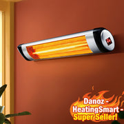 Wall-mounted electric heater on a red wall with a plant in the foreground