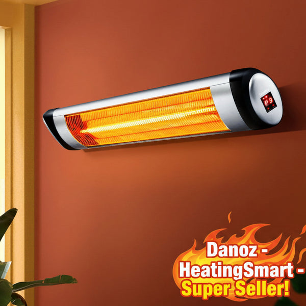 Wall-mounted electric heater on a red wall with a plant in the foreground