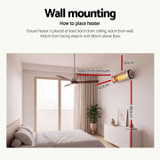 Instruction graphic titled 'Wall mounting' showing a bedroom scene with a wall-mounted infrared heater and red measurement lines indicating minimum 100cm distance from ceiling, 40cm from wall, 180cm above floor, and 50cm width.