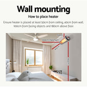 Instructions on wall mounting a heater with measurements and a bedroom setting.