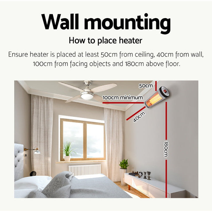 Instructions on wall mounting a heater with measurements and a bedroom setting.