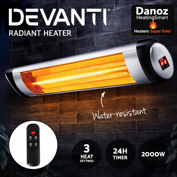 Devanti radiant heater with features highlighted on a dark background