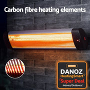 Carbon fiber heating element with glowing fibers on a dark tiled wall background.