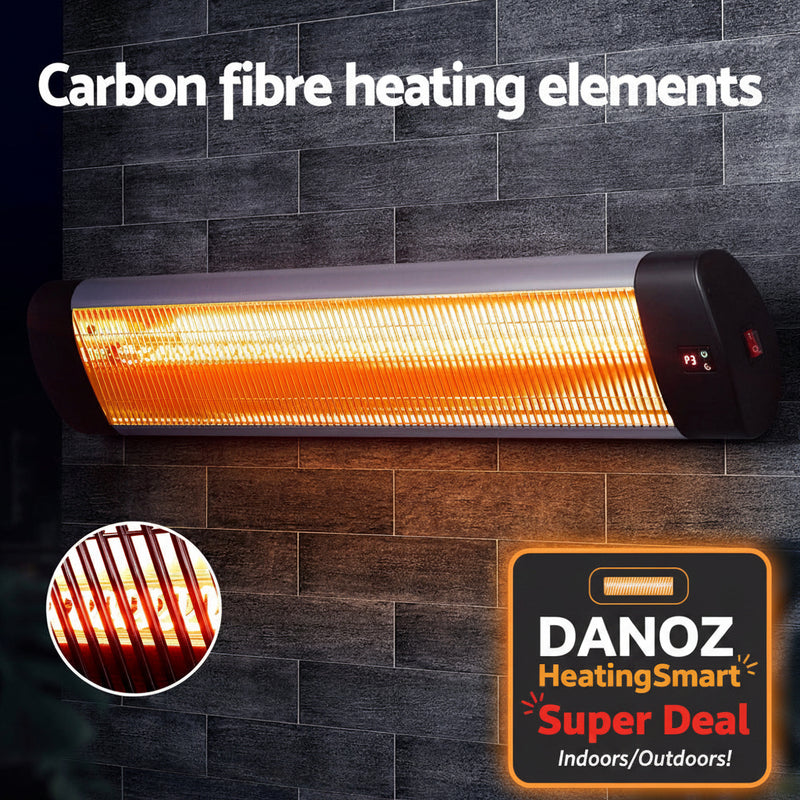 Carbon fiber heating element with glowing fibers on a dark tiled wall background.