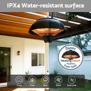 Outdoor patio heater with IPX4 water-resistant surface feature on a house exterior.