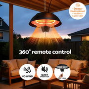 Outdoor patio heater with 360-degree remote control features on a evening setting.
