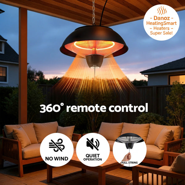 Outdoor patio heater with 360-degree remote control features on a evening setting.