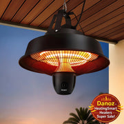 Outdoor patio heater hanging from a wooden pergola with palm trees in the background.