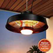 Outdoor patio heater hanging from a wooden ceiling with palm trees in the background