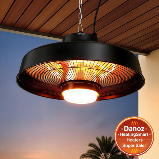 Outdoor patio heater hanging from a wooden ceiling with palm trees in the background