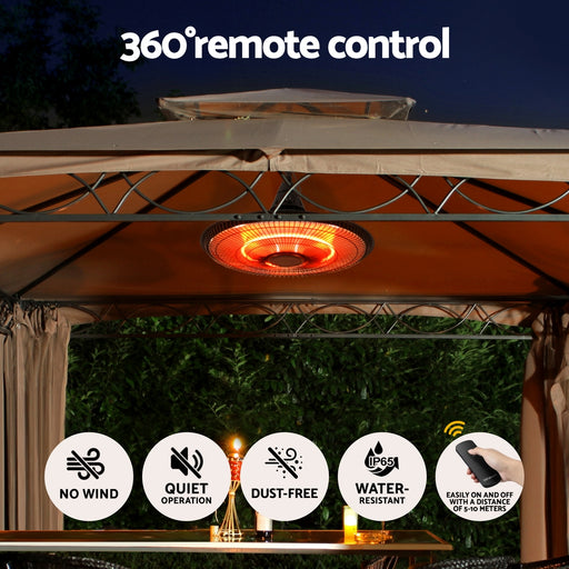 Outdoor patio heater with 360-degree remote control features on a gazebo at night.