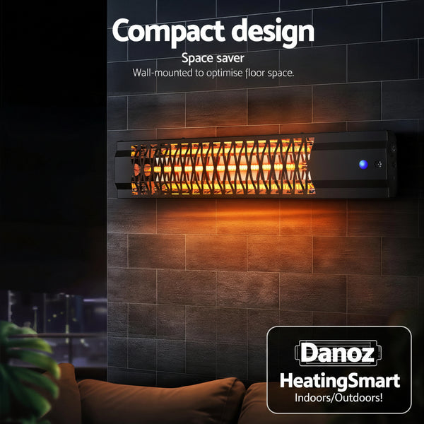 Wall-mounted electric fireplace with 'Compact design' text on a tiled wall.