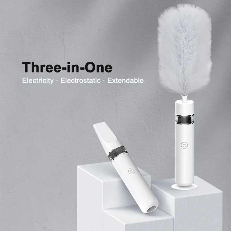 A white three-in-one handheld cleaning device shown in two forms: one upright with a white duster head and one lying horizontally. The image includes text overlays reading 'Three-in-One' and 'Electricity • Electrostatic • Extendable' on a textured gray background with white display blocks.