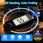A digital blood glucose meter shown on a light blue background with promotional text reading '5S Reading, Auto Coding' and feature icons along the bottom. The device is black with a small blue test strip attached, and the screen displays 5.