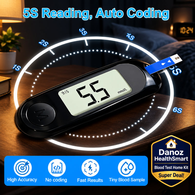 A digital blood glucose meter shown on a light blue background with promotional text reading '5S Reading, Auto Coding' and feature icons along the bottom. The device is black with a small blue test strip attached, and the screen displays 5.