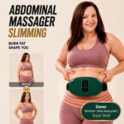 An abdominal massager slimming device shown on a woman's waist, with before-and-after inset photos and promotional text reading 'ABDOMINAL MASSAGER SLIMMING' and 'BURN FAT SHAPE YOU.' The main product is a dark green oval device with a black strap and small digital display, worn around the waist.