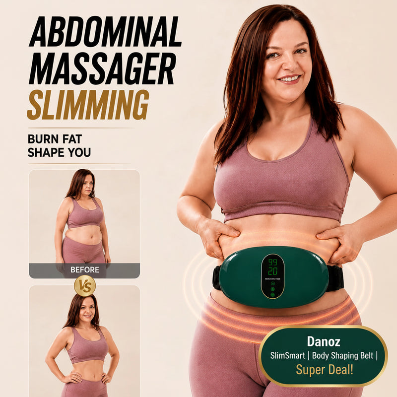 An abdominal massager slimming device shown on a woman's waist, with before-and-after inset photos and promotional text reading 'ABDOMINAL MASSAGER SLIMMING' and 'BURN FAT SHAPE YOU.' The main product is a dark green oval device with a black strap and small digital display, worn around the waist.