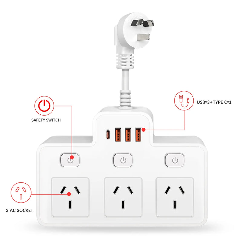 Danoz PowerSmart - Power Strip AU Multitap Wall Mounted Independent Switch Power Socket With USB C Charging Ports Network Filter Adapter - Buy 1 Get 1 Free!