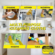 Promotional image of multi-purpose cleaning cloths with various cleaning tasks demonstrated.