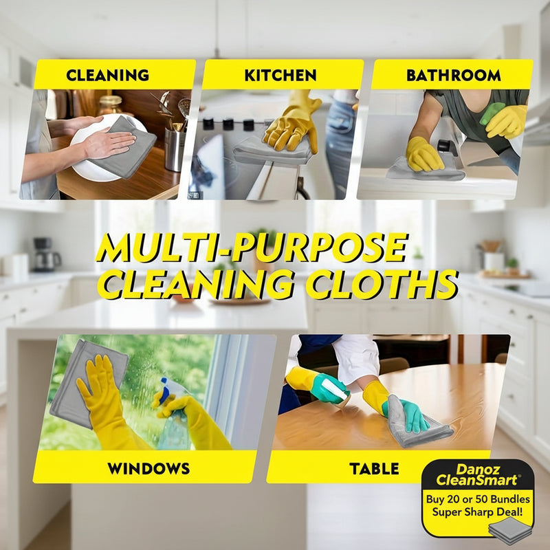 Promotional image of multi-purpose cleaning cloths with various cleaning tasks demonstrated.
