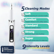 Dental cleaning device with cleaning modes and intensity levels displayed on a light blue background