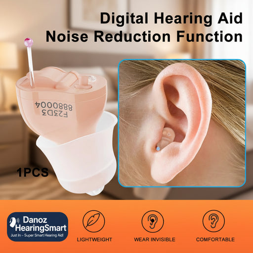 A digital hearing aid with a beige skin-tone shell and a white lower section, shown alongside an inset of a human ear wearing the device. Text reads 'Digital Hearing Aid Noise Reduction Function' and '1PCS'.