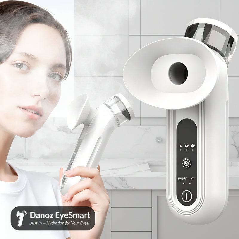 Person holding a white handheld device with a digital display, likely a skincare or beauty tool.