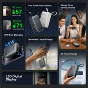 Portable charging device with features highlighted on a dark background